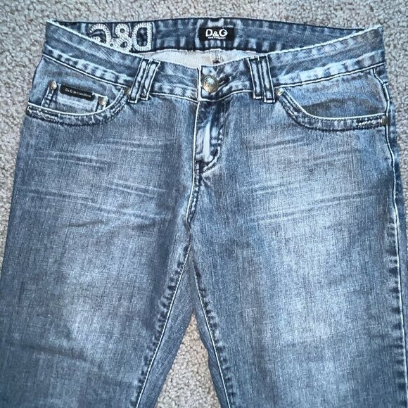 VINTAGE D&G DOLCE & GABBANA EMBROIDERED & STUDDED LOW RISE FLARE JEANS - 30 / 34 - Picture 2 of 16